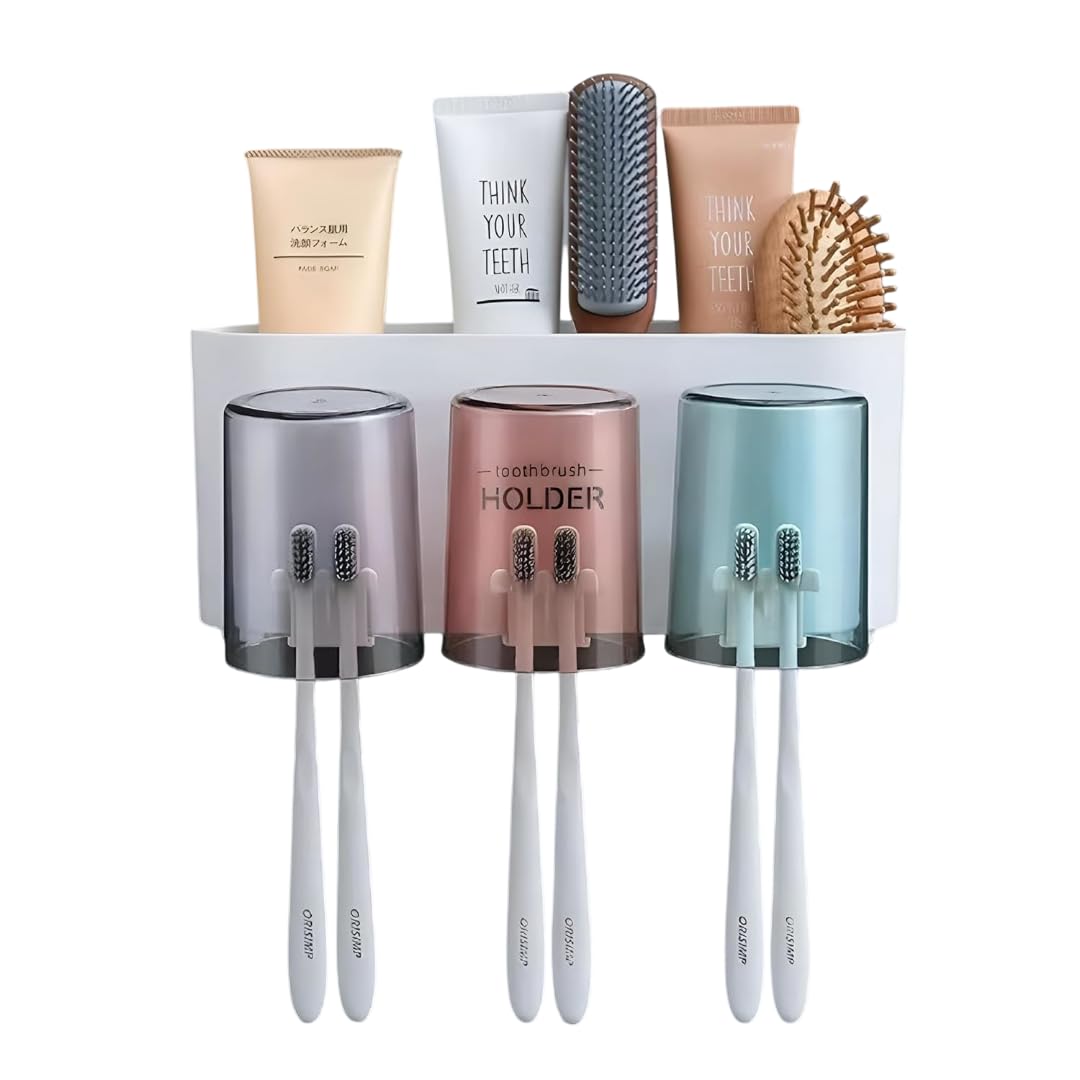 Wall Mounted Toothbrush Holder with 3 Cups & Storage Shelf
