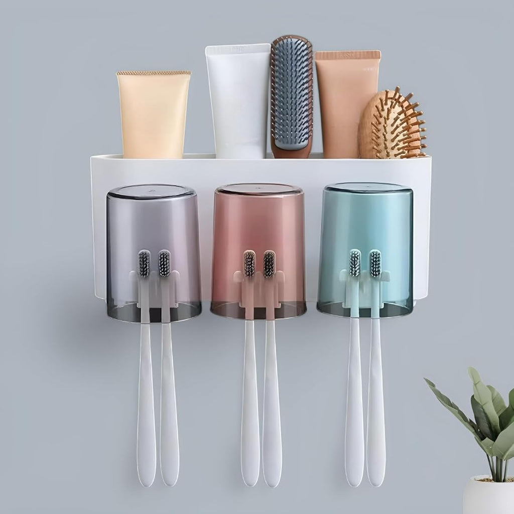 Wall Mounted Toothbrush Holder with 3 Cups & Storage Shelf
