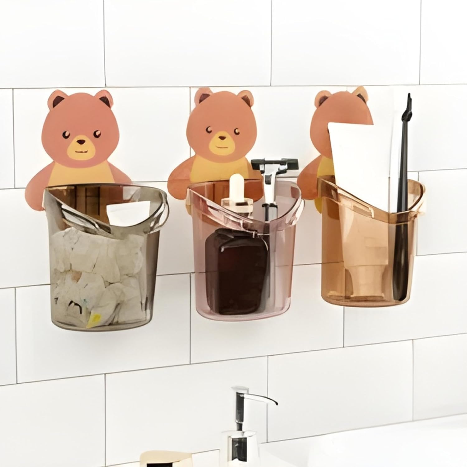 Teddy Bear Self-Adhesive Toothbrush Holder Set of 3