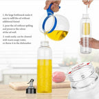 Clear plastic oil bottle with a large neck and built-in pour spout, shown being filled with yellow oil and held by hands in a kitchen setting. Text on the left lists benefits, and a small inset shows the bottle with a straw.