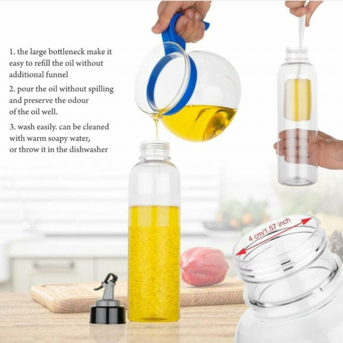 Clear plastic oil bottle with a large neck and built-in pour spout, shown being filled with yellow oil and held by hands in a kitchen setting. Text on the left lists benefits, and a small inset shows the bottle with a straw.