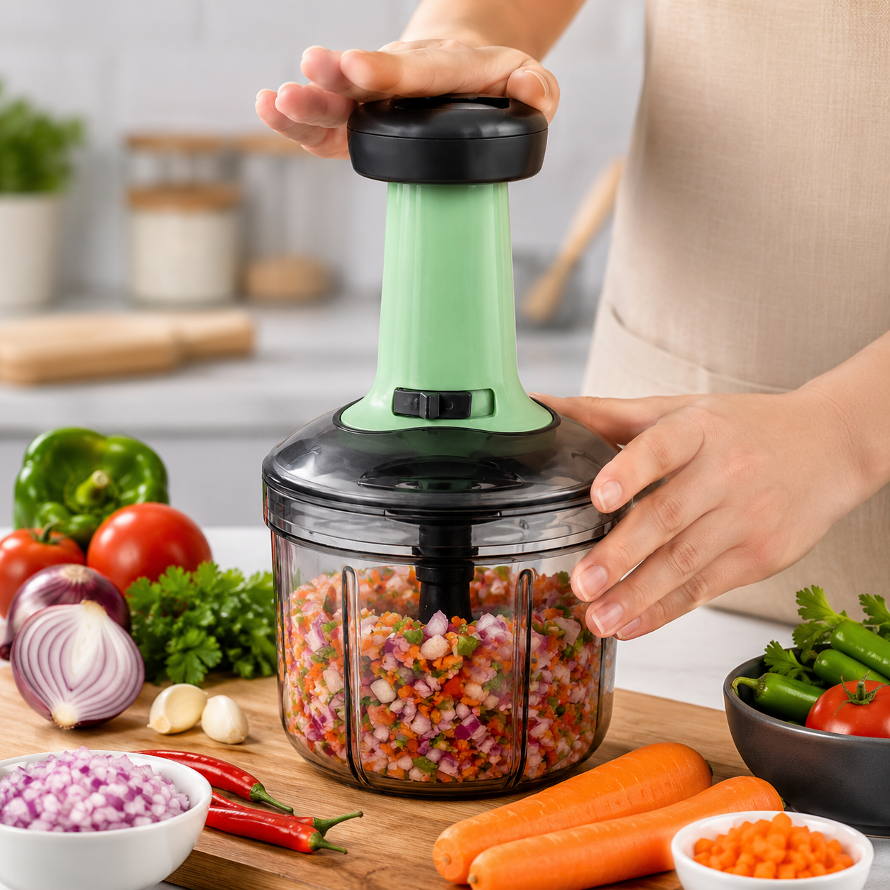 650ml Hand Press Food Chopper with Stainless Steel Blades