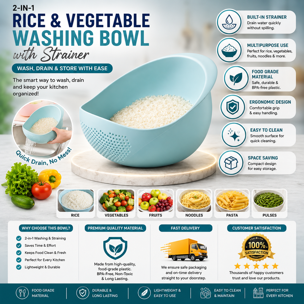 Rice, Fruits, Vegetable Washing Bowl and Strainer
