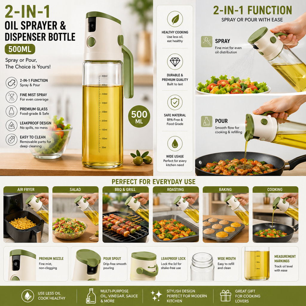 Oil Sprayer & Dispenser Bottle for Kitchen - 500ml 2-in-1