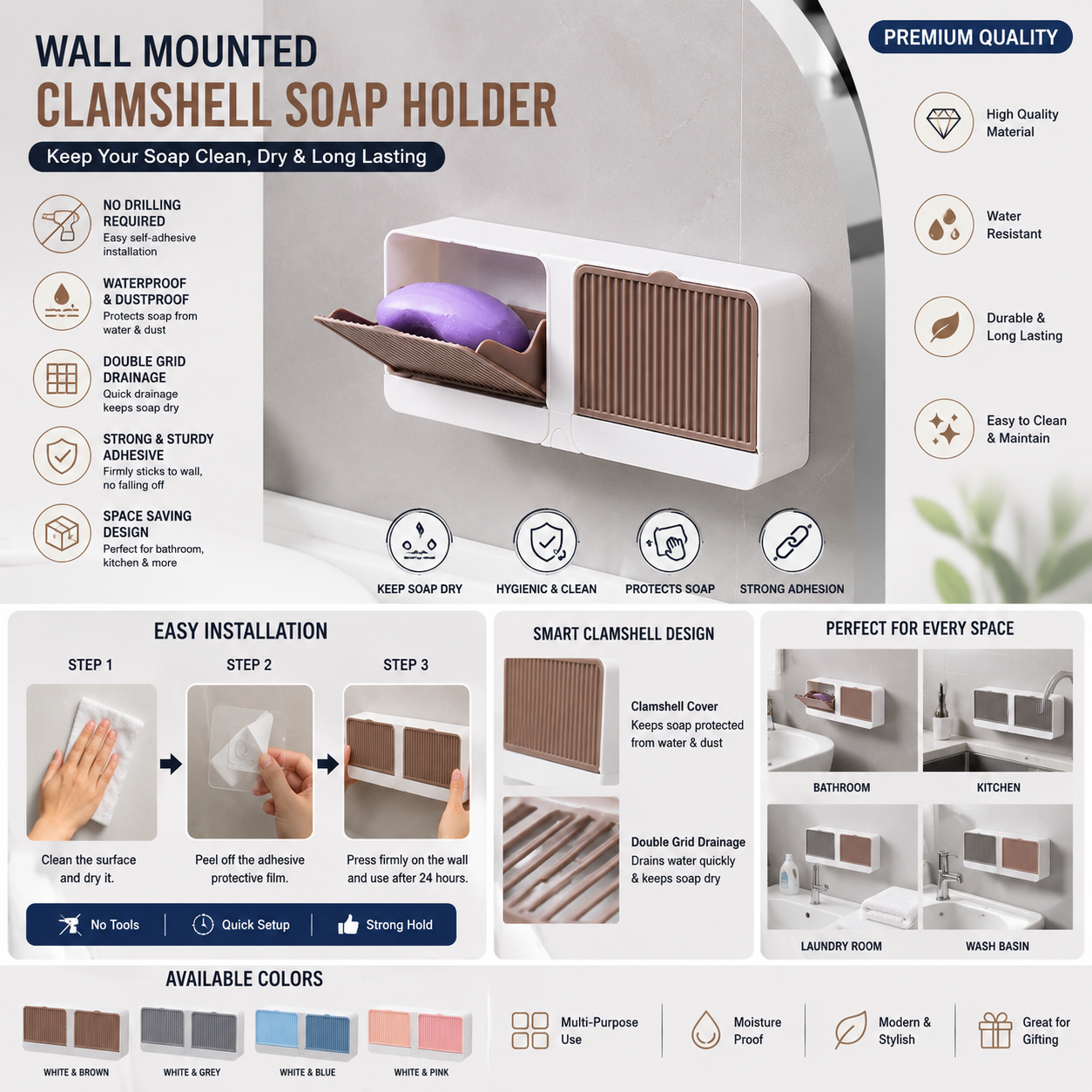 Wall Mounted Clamshell Soap Holder with Cover