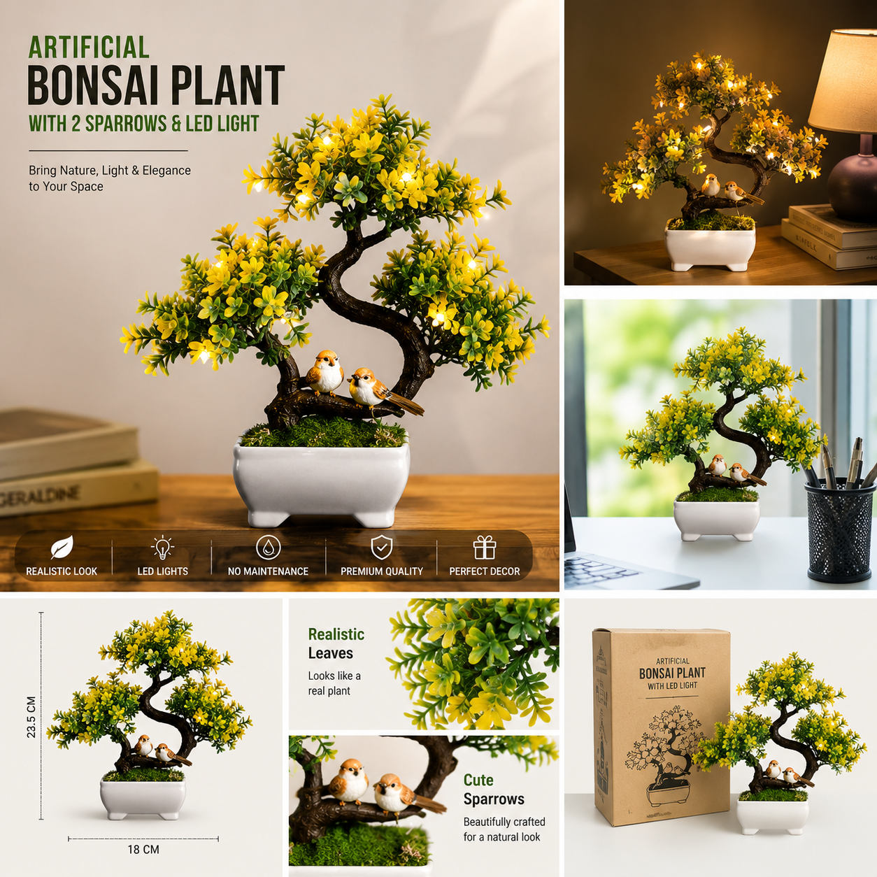 Artificial Bonsai Plant with 2 Sparrows & LED Lights