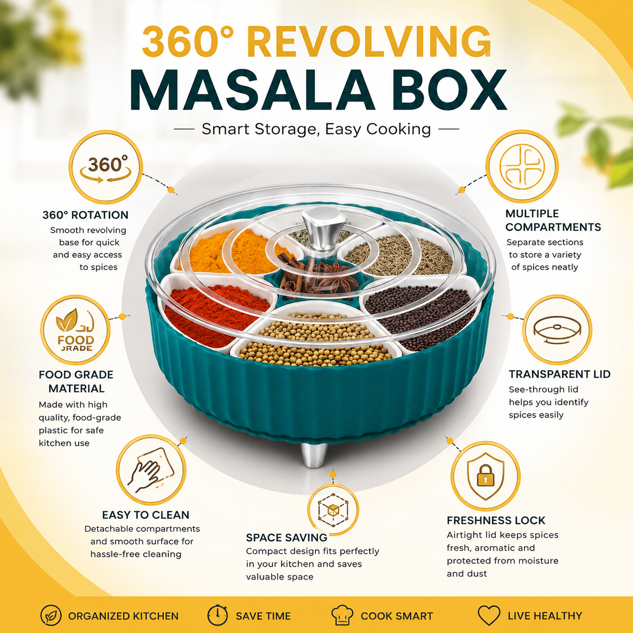 Premium 360° Revolving Masala Box, Kitchen Spice Organizer