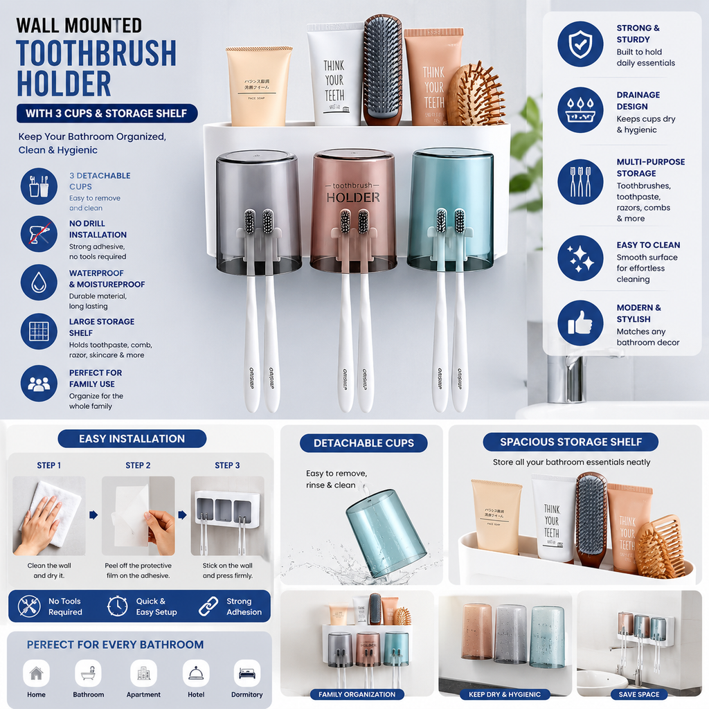Wall Mounted Toothbrush Holder with 3 Cups & Storage Shelf