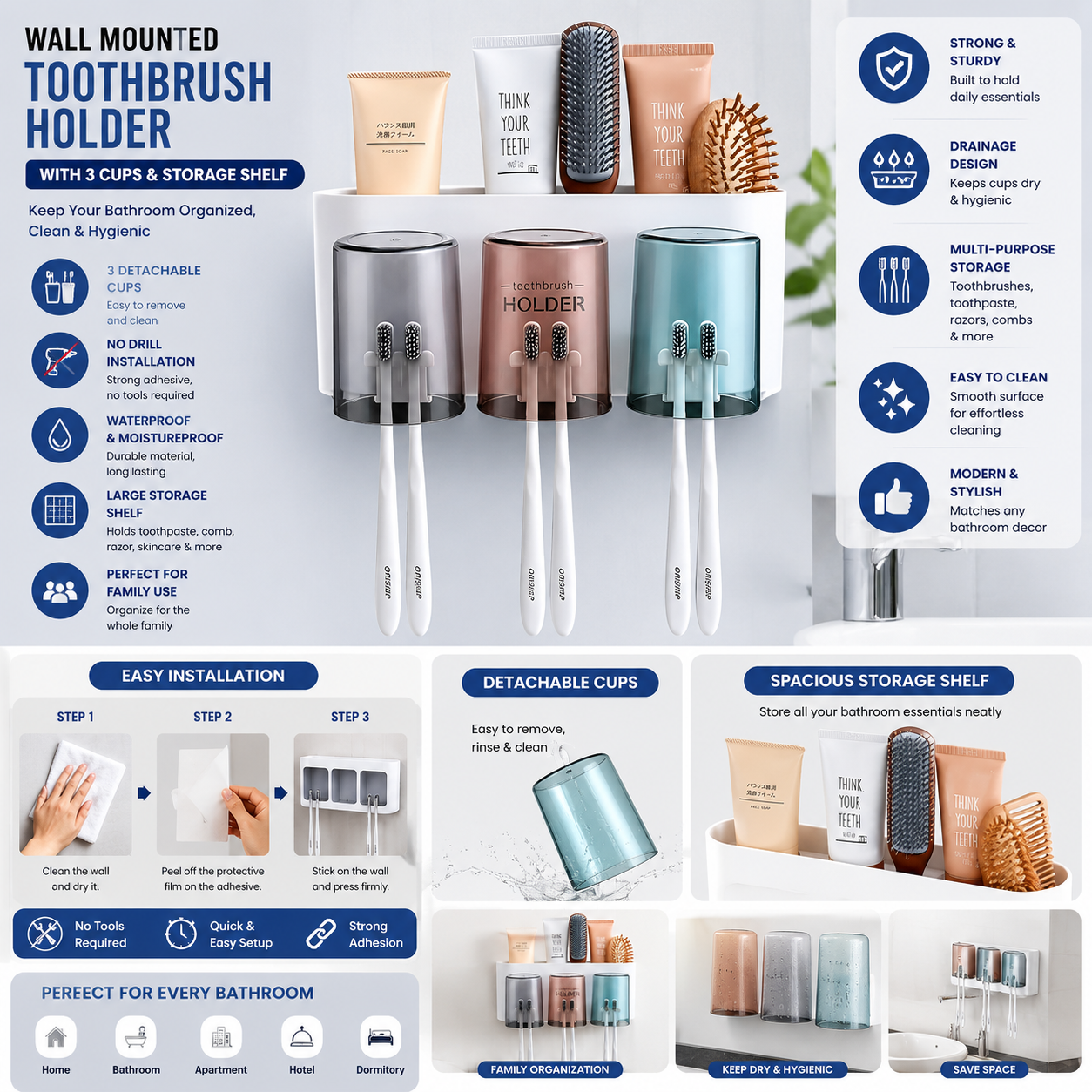 Wall Mounted Toothbrush Holder with 3 Cups & Storage Shelf