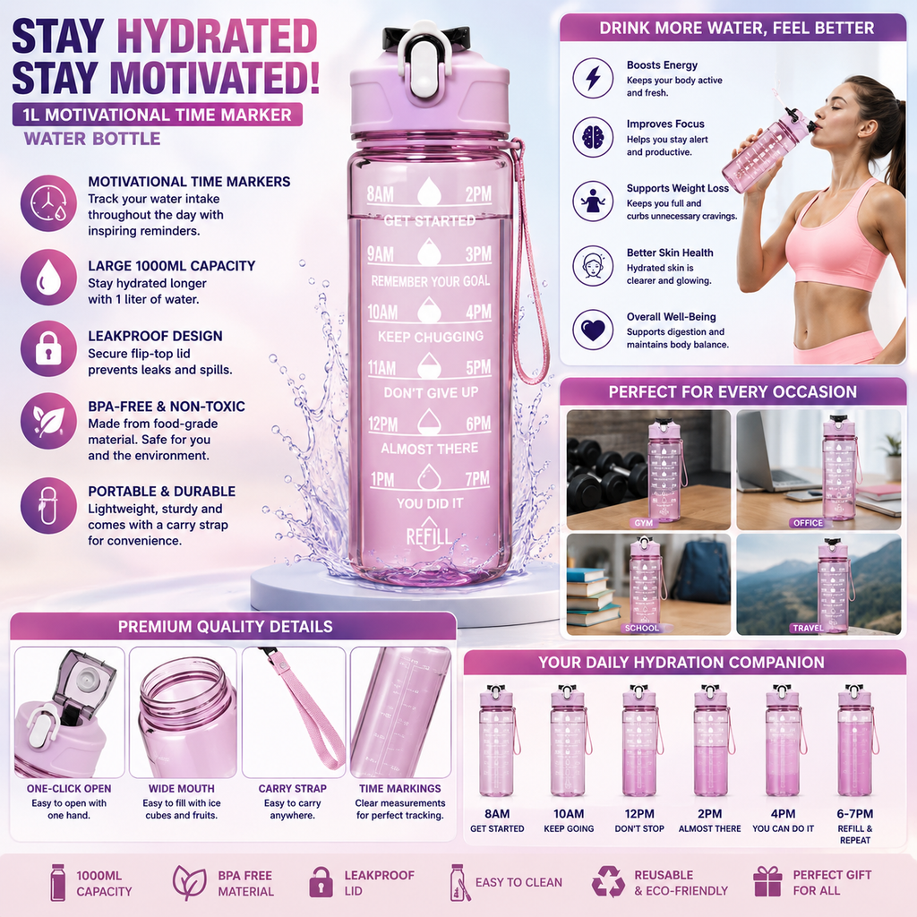 1L Motivational Time Marker Water Bottle