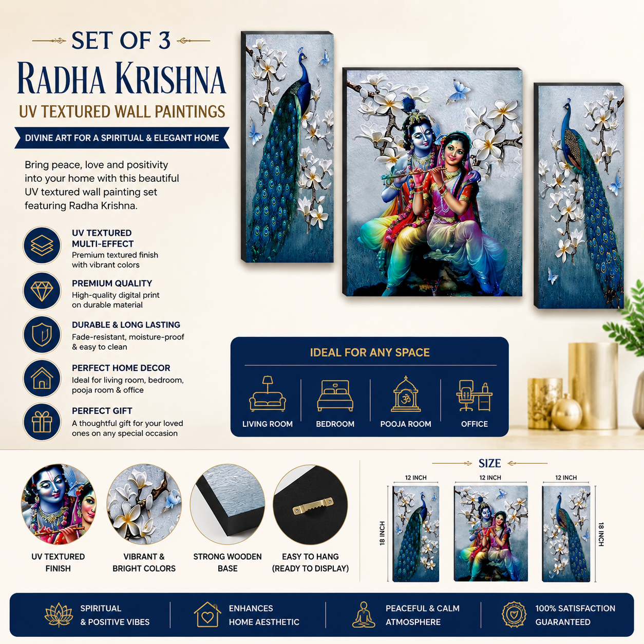 Radha Krishna UV Textured Wall Painting Set of 3