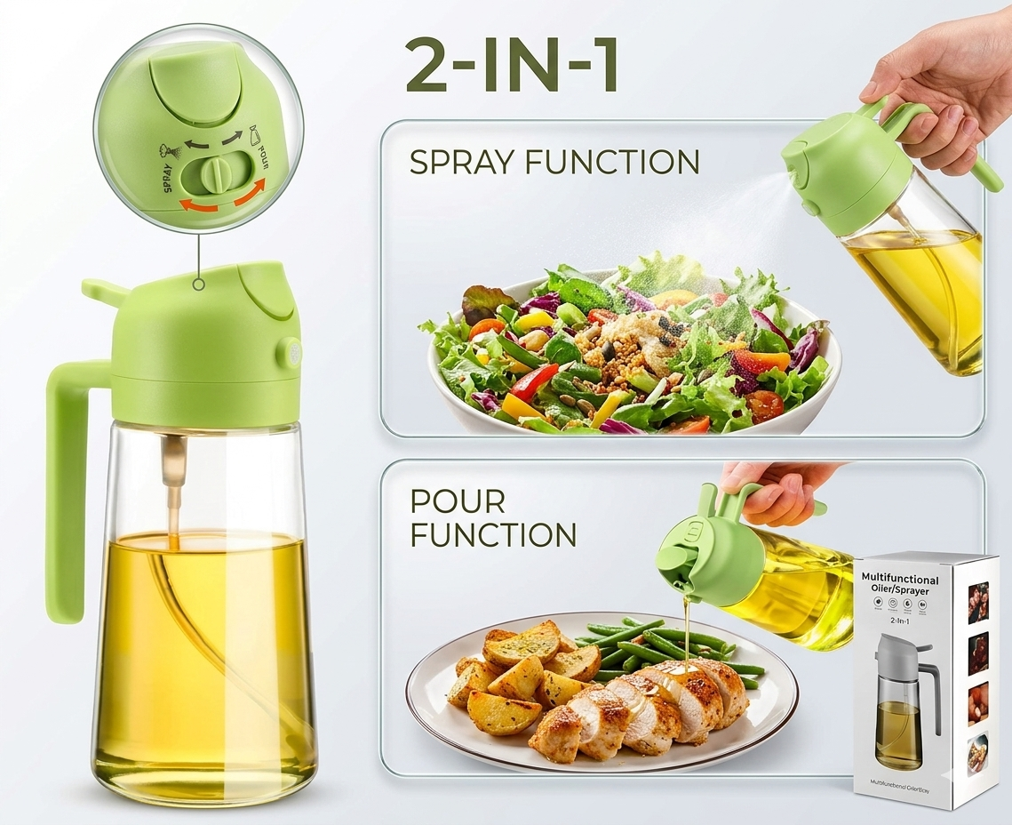 Oil Sprayer & Dispenser Bottle for Kitchen - 500ml 2-in-1