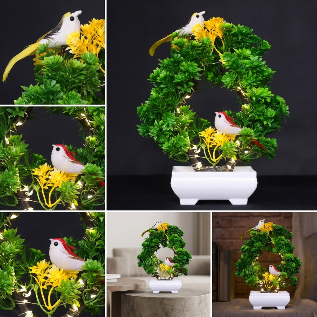 Artificial Bonsai Plant with 2 Sparrows & LED Lights