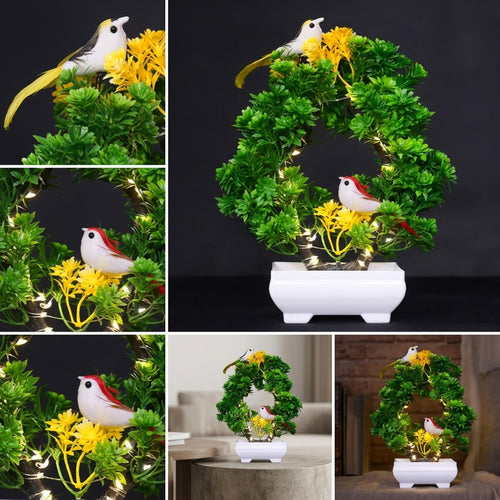 Artificial Bonsai Plant with 2 Sparrows & LED Lights