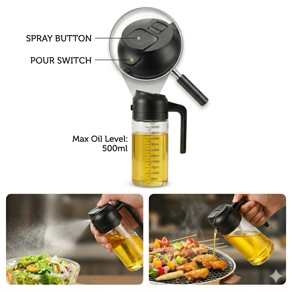 Oil Sprayer & Dispenser Bottle for Kitchen - 500ml 2-in-1